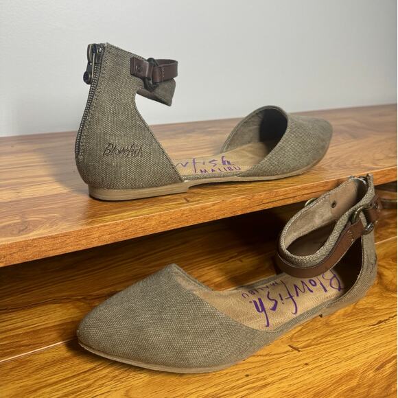 Blowfish Women 8 Zate Flats Pointed Toe Ankle Strap Ballet Brown Canvas Tan NWOT - Picture 3 of 6